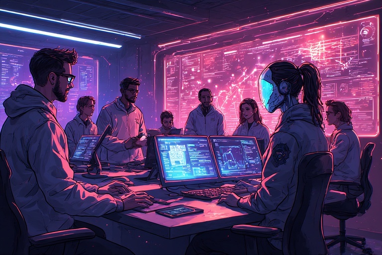 allprime.ai team of AI specialists collaborating in futuristic high-tech office with glowing holographic dashboards and neon purple-blue lighting 2026